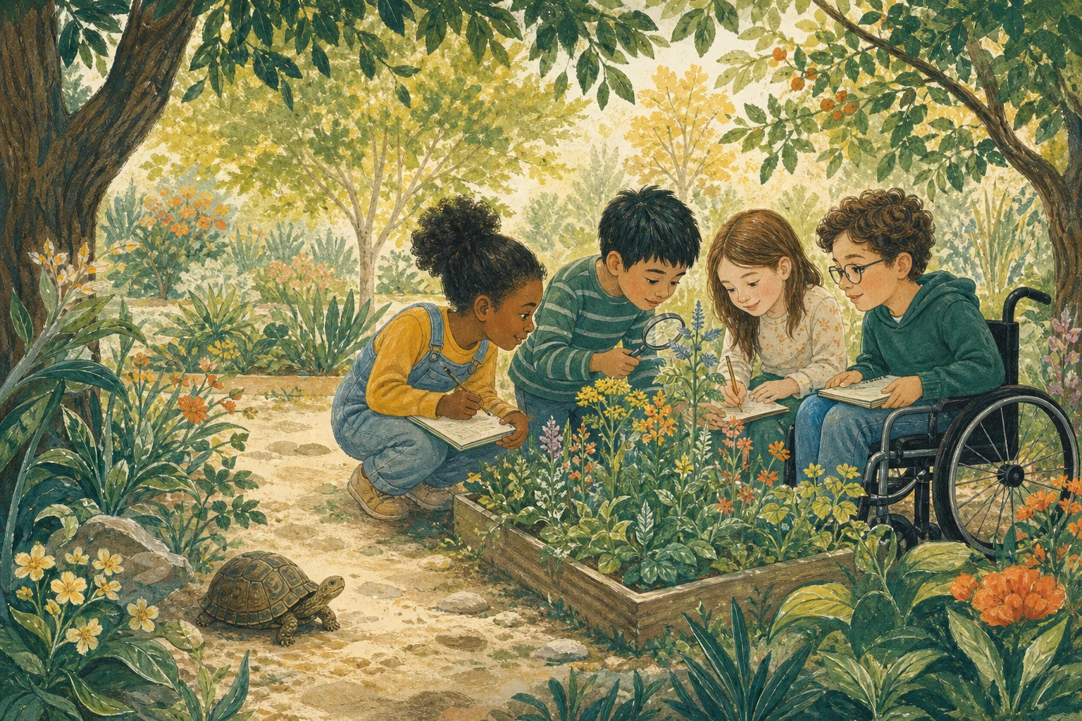 Illustration of children exploring a garden together, with a turtle nearby